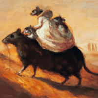 Мышь верхом на лошади на склоне горы, картина Рембрандта