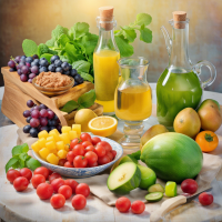 Картина подходящая для кухни, современный натюрморт с вином, сыром и фруктами с зелёным и золотым фоном