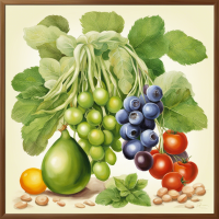 Картина подходящая для кухни, современный натюрморт с вином, сыром и фруктами с зелёным и золотым фоном